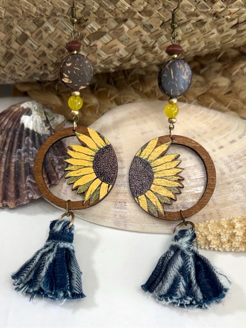 Daisy Denim Tassel Beaded Wood Boho Beach Summer Earrings